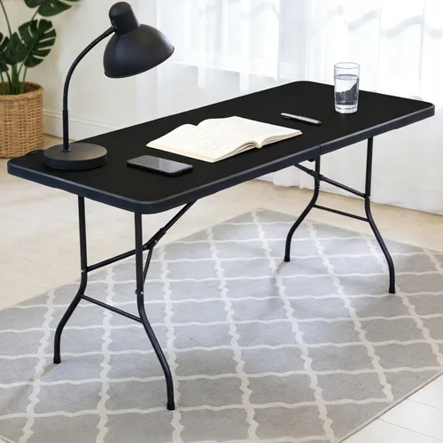 Miniatura 8 de Lakhow Mesa plegable de plástico portátil resistente de 6 pies, plegable por la mitad, mesa plegable para interiores y exteriores con fiestas, Negro