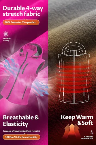 Miniatura 4 de CREATMO US Chaleco ligero de Softshell para mujer, chaqueta sin mangas cortavientos con capucha extraíble