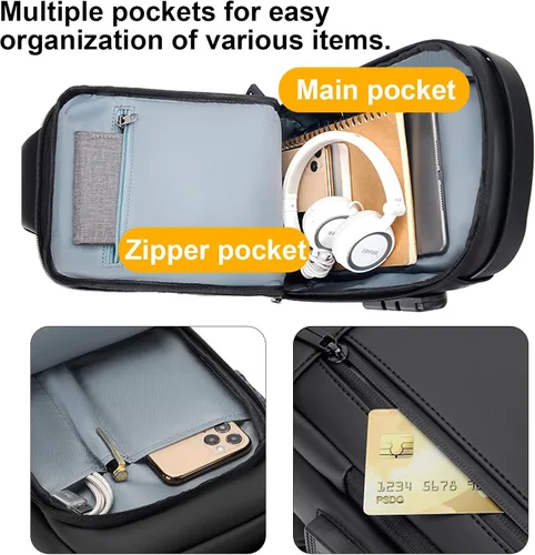 Miniatura 5 de Pequeñas bolsas antirrobo para hombre, mochila con correa USB, impermeable, ligera, con una correa, Negro -, Mochilas Daypack