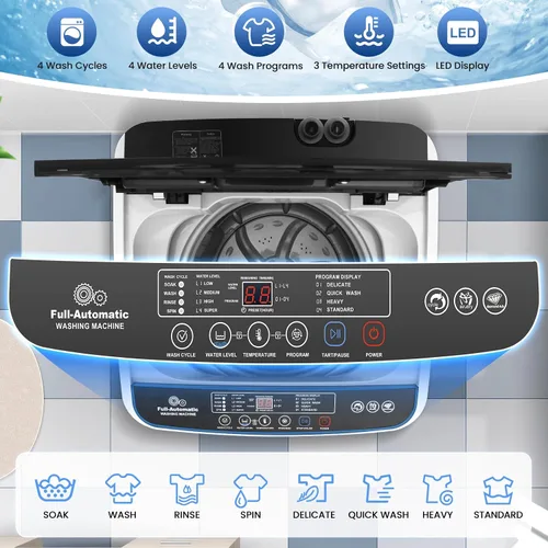 Miniatura 5 de Nictemaw Lavadora portátil de 20 libras, lavadora de carga superior completamente automática de 2.8 pies cúbicos con 4 programas, 4 niveles de agua
