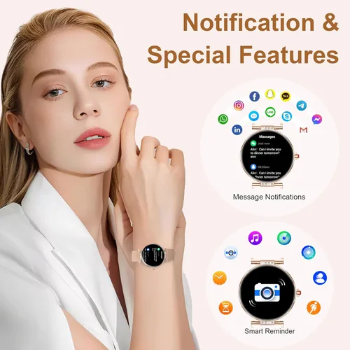 Miniatura 4 de Reloj inteligente para mujer, 1.19 pulgadas, pantalla táctil AMOLED, reloj de fitness (llamadas/notificaciones), 3 correas, monitor de frecuencia