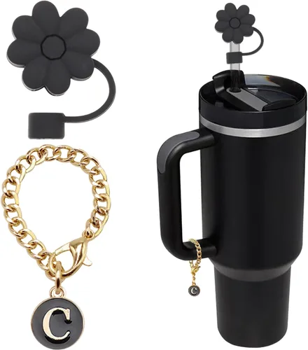 Accesorios para taza Stanley, 1 pieza Cubierta de pajita de silicona con flor para pajita Stanley de 30 y 40 oz con asa y 1 pieza dije con letra