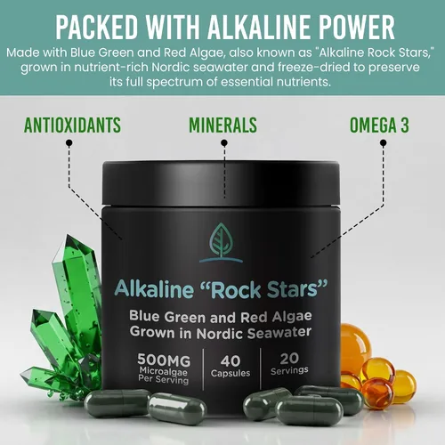 Miniatura 4 de Alkaline Rock Stars - Suplemento de algas azules, verdes y rojas - 500 mg Fitoplancton marino puro más astaxantina Rico en antioxidantes