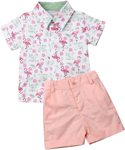 Miniatura 91 de Conjunto de camisa de manga corta con botones y pantalones cortos casuales con diseño de flamingo, para bebés y niños de 1 a 6 años, atuendos