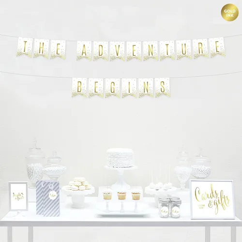 Miniatura 2 de Andaz Press Decoraciones divertidas de pancarta con diseño de confeti dorado metálico sobre blanco para fiestas de jubilación, la aventura comienza