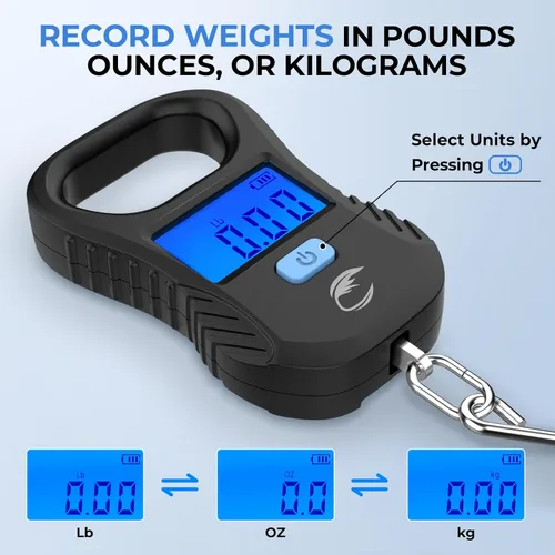 Miniatura 8 de Calamus Báscula de pescado ligera - Báscula digital recargable con cable USB, capacidad de 55 libras, unidades múltiples libras/onzas y kilogramos