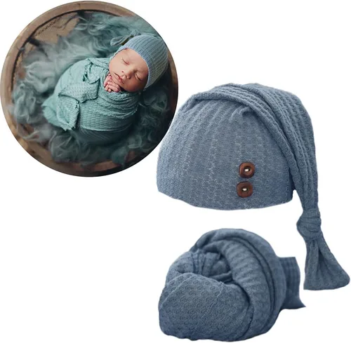 Envoltura de fotografía para bebé recién nacido con sombrero de cola larga para niño y niña, trajes de ganchillo para fotos (azul)