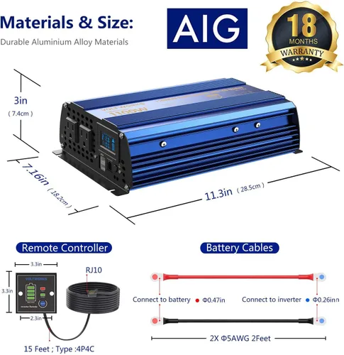 Miniatura 7 de Inversor de potencia 1100 vatios 12V DC a 110V 120V AC, inversor de 1000 W con pantalla LCD, control remoto, 2 tomas de CA, puertos USB duales