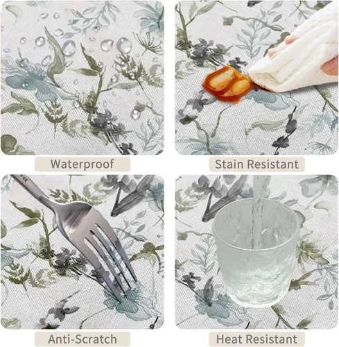 Miniatura 4 de Mantel redondo floral rústico de 48 pulgadas, con estampado botánico de flores en acuarela verde, azul y gris, a prueba de derrames y aceite, tela