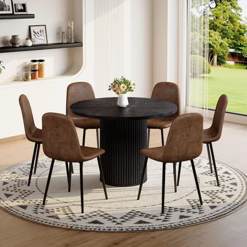 Miniatura 16 de Mesa de comedor redonda para 4-6, mesa de comedor negra con tablero de madera de 42'' y base de pedestal cilíndrico, mesa de cena redonda