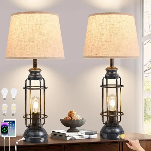 Miniatura 10 de Juego de 2 lámparas de mesa de 28" para sala de estar, lámparas táctiles regulables de 3 vías con puertos USB A+C, lámparas de mesa estilo granja