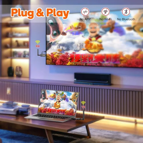 Miniatura 7 de Transmisor y receptor HDMI inalámbrico, kit extensor de 1 a 2, 656 pies de largo alcance, estable 1080P, 5 GHz 0.05 s con botón de privacidad, Plug