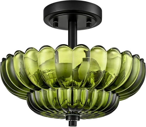 Miniatura 7 de Lámpara de techo semiempotrada, 3 luces de techo vintage modernas de cristal verde, luz cercana al techo festoneada, lámpara de techo empotrada