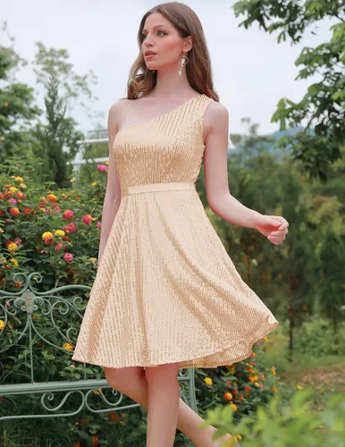 Miniatura 4 de BeryLove Vestido de lentejuelas para mujer, con purpurina brillante, un hombro, vestido de fiesta, club, vestido de fiesta bodycon vestido