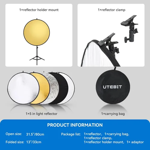 Miniatura 4 de UTEBIT Kit de Soporte para Reflector de Luz de 80 cm (31 Pulgadas) Difusor 5 en 1, Discos Múltiples Plegables con Bolsa, Soporte de Luz de 48