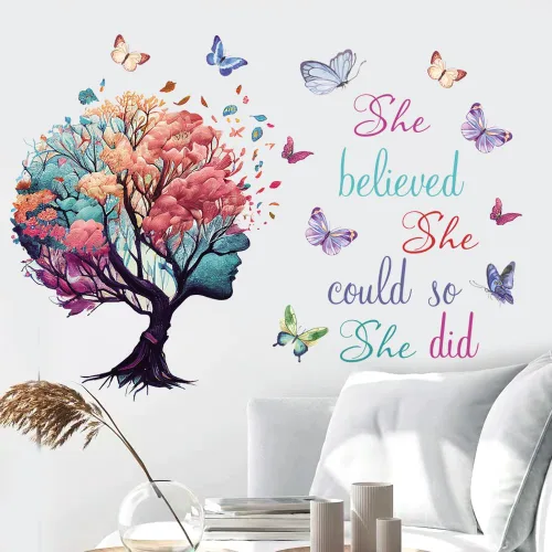 Miniatura 3 de Arte de pared con citas inspiradoras - Adhesivos de árbol y mariposa "She Believed She Could So She Did" para decoración de dormitorio y sala