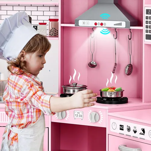 Miniatura 4 de JOYLDIAS Cocina de Juego para Niños, Set de Juguetes de Cocina de Madera de Esquina de Mentira para Niños Pequeños con Luces y Sonidos Realistas