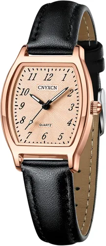 CNYXCN Reloj vintage para mujer, con forma de barril, correa de cuero auténtico, regalo para muñecas pequeñas, Oro rosado, Vestido de baile formal