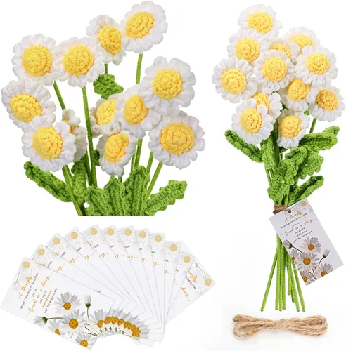 Miniatura 8 de Tigeen 24 juegos de ramo de flores de ganchillo a granel, ramo de flores de punto de margaritas de ganchillo y tarjetas impresionantes, regalos
