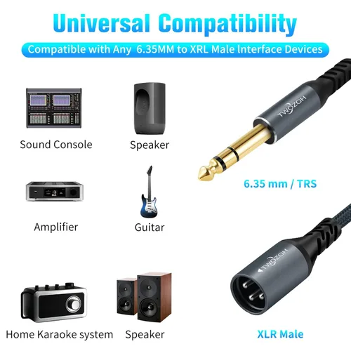 Miniatura 4 de Twozoh Cable XLR macho a 1/4 TRS de audio estéreo de 30 pies, conector trenzado de 0.250 in a XLR macho 3 pines cable de guitarra (profesional/HiFi)