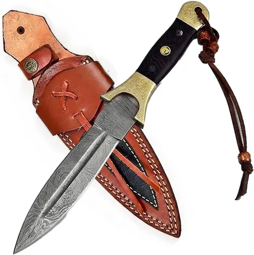 Dessi Cuchillo de hoja fija de acero de Damasco hecho a mano para caza, camping, cuchillo al aire libre, reforzado de latón grabado a mano, mango de