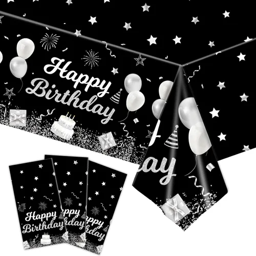 Miniatura 10 de MRJ Black Party Supplies - Paquete de 3 manteles de feliz cumpleaños con estrellas rosas y negras, decoraciones perfectas para fiestas de cumpleaños