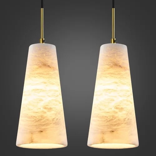 Miniatura 11 de Luces colgantes de alabastro natural, isla de cocina, pantalla cónica de mármol blanco, modernas lámparas de techo negras para mesa de comedor, sala