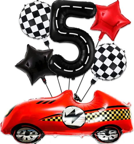 Miniatura 7 de Decoraciones de cumpleaños de carreras de 1 año, globos rojos grandes de coche de carreras de 40 pulgadas, globo negro número 1, globo a cuadros