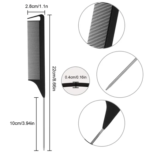 Miniatura 2 de Patelai Peine de cola de rata para separar, trenzar, fibra de carbono, resistente al calor, peine de acero inoxidable para prensar, burlas, Negro