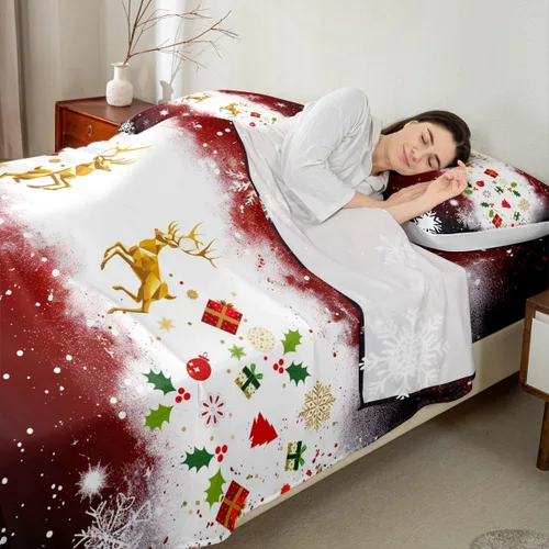 Miniatura 2 de Juego de sábanas de Navidad para niños, 3 piezas, tamaño individual, juego de ropa de cama con estampado de alce dorado y árboles de regalo