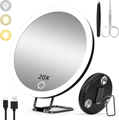 Miniatura 14 de Espejo de Aumento 20X con Luz, Espejo Grande de 6 Pulgadas con Aumento Iluminado 20X con 3 Ventosas y Soporte de Mesa 360°, Espejo de Tocador de 20x