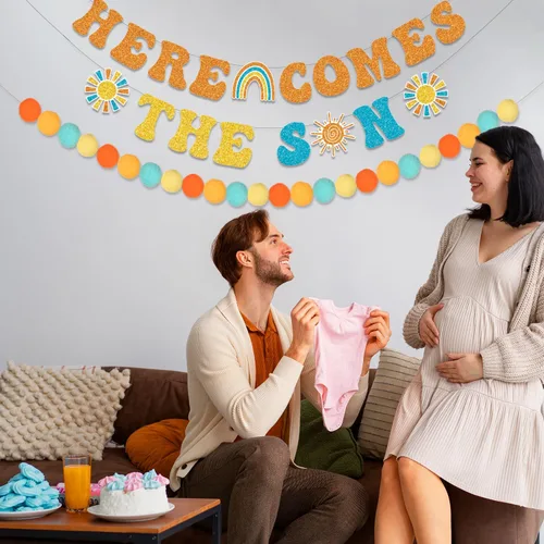 Miniatura 5 de LARRAZABAL Cartel para baby shower con texto en inglés «Here Comes The Son», «Here Comes the Son», decoración de baby shower para niño