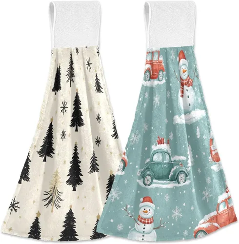 Toallas de mano para cocina, con bucles para colgar, toallas decorativas de baño, retro, vintage, árboles de Navidad, muñecos de nieve, camión de