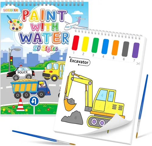 Libros de pintar con agua SOCOLER para niños pequeños, papeles de pintura de acuarela sin desorden con tema de tráfico para niños, kit de pintura de