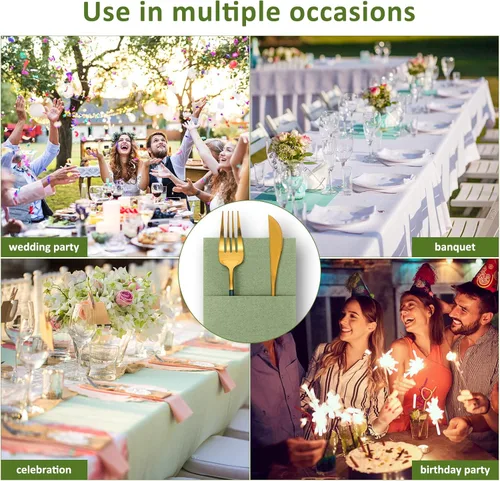 Miniatura 7 de Cindeer 150 piezas de servilletas de cena verde salvia con sensación de lino, bolsillo plano incorporado, servilletas de mano desechables de papel