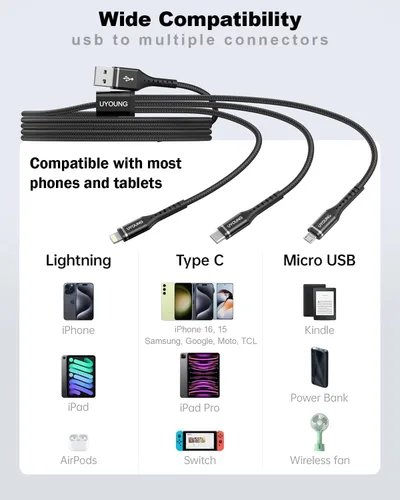 Miniatura 6 de Cable de carga múltiple corto de 1 pie, paquete de 2 cables de carga 3 en 1, cables universales trenzados para teléfono con conectores
