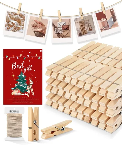 Miniatura 15 de Pinzas para la ropa, color rosa, 100 pinzas pequeñas de madera para fotos con cordel de yute, pequeño clip para papel fotográfico, ideal para baby