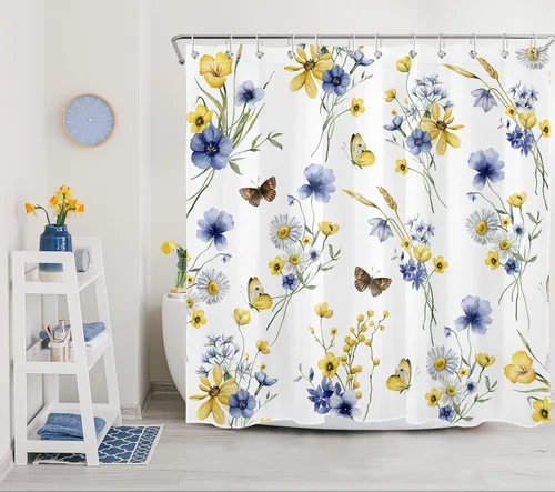 Miniatura 20 de EOBTAIN Cortina de ducha floral de acuarela para baño, margaritas y mariposas sobre tela beige con 10 ganchos, juego de cortinas de baño rústicas