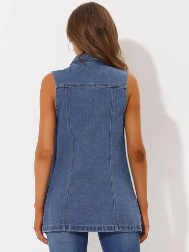 Miniatura 4 de Allegra K Chaleco de mezclilla sin mangas con botones para mujer, chaleco largo casual de mezclilla