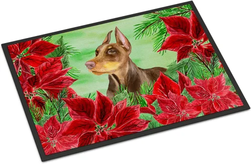 Caroline's Treasures CK1357MAT Doberman Pinscher Poinsettas - Felpudo para puerta delantera, 18 x 27 pulgadas, para interiores y exteriores, para