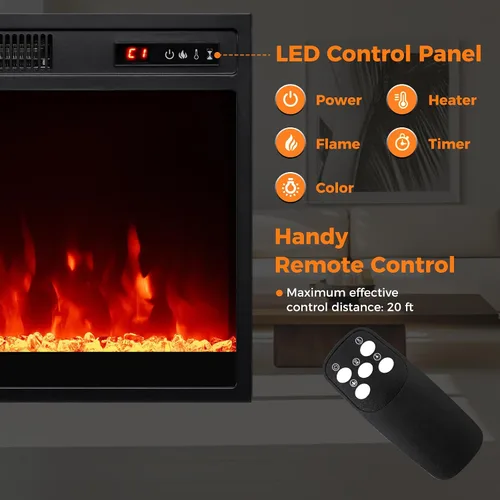 Miniatura 7 de Tangkula - Chimenea eléctrica de 18 pulgadas, inserto de chimenea de 5,000 BTU con control remoto, piedras de cristal, 3 colores de llama y 5