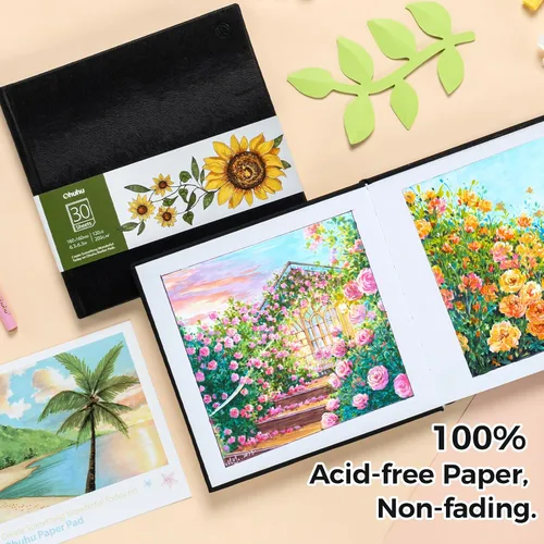 Miniatura 7 de Ohuhu Bloc de dibujo artístico, 6.3 x 6.3 pulgadas, tamaño mini cuadrado, 120 lb/200 GSM, papeles de dibujo suaves y pesados, 30 hojas/60 páginas