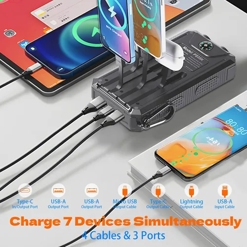 Miniatura 2 de Cargador solar de 20,000 mAh, banco de energía portátil, 4 cables para exteriores, impermeable, cargador de teléfono externo de respaldo con USB-C