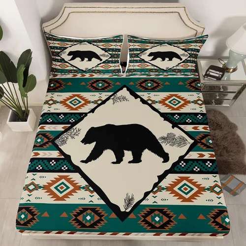 Miniatura 2 de Erosebridal Juego de sábanas rústicas de oso para cabaña, cabaña, cabaña, suroeste, tamaño individual, sábanas tribales geométricas aztecas, sábana