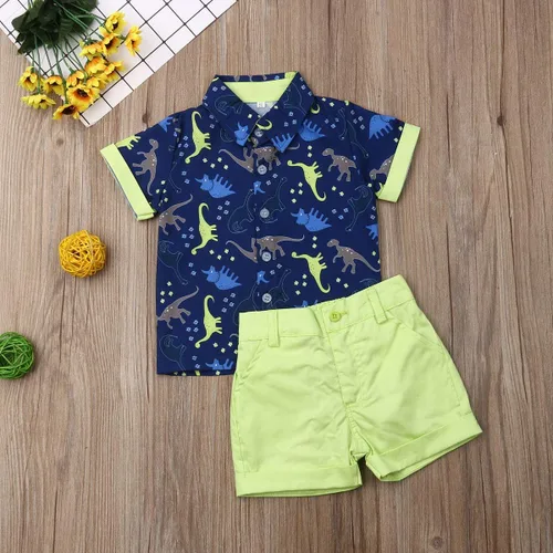 Miniatura 104 de Conjunto de camisa de manga corta con botones y pantalones cortos casuales con diseño de flamingo, para bebés y niños de 1 a 6 años, atuendos