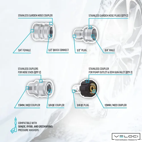 Miniatura 4 de MTM Hydro Kit adaptador de manguera de 7 piezas para lavadora a presión de acero inoxidable para uso con cañones de espuma, lavadoras a presión