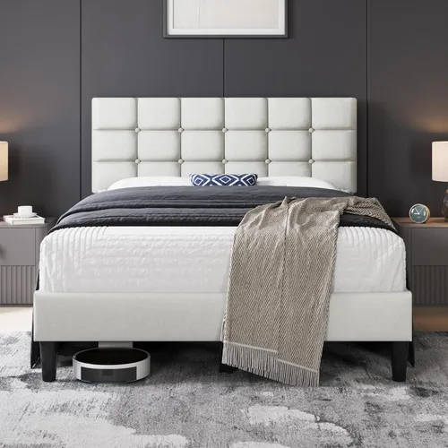 Miniatura 12 de Yaheetech Marco de Cama Tapizado, Plataforma de Cama Queen Moderna con Cabecera de Capitoné con Costuras Cuadradas y Botones, Altura Ajustable, Beige