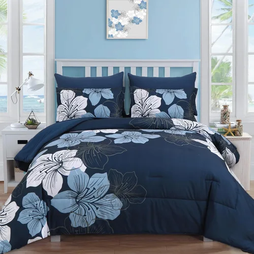 Luxudecor Juego de edredón azul marino, tamaño Queen, 7 piezas de cama en una bolsa, juego de edredón floral azul marino y juego de sábanas, juego