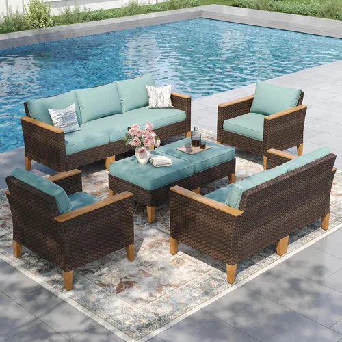 Miniatura 43 de PHI VILLA Otomana de mimbre para patio, 2 piezas, asiento otomano de mimbre para todo tipo de clima, reposapiés para exteriores con cojines