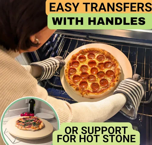 Miniatura 4 de Piedra de pizza grande para horno de 16 pulgadas, piedra redonda para pizza para parrilla con asas, juego de pala y cortador de pizza de madera
